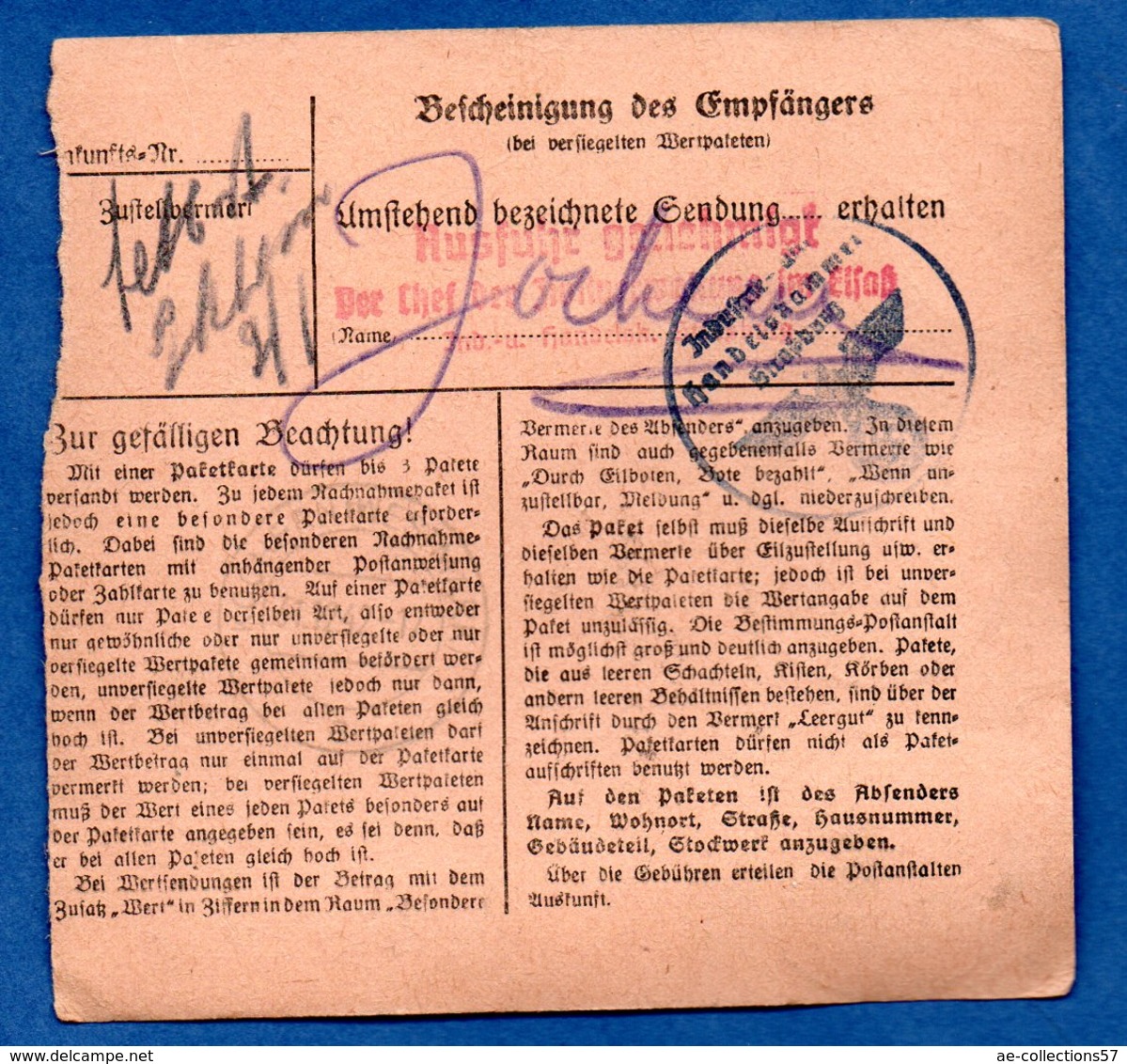 Colis Postal  -  Départ Strasburg - Schiltigheim  -  Pour Kochern   29/12/1943 - Covers & Documents