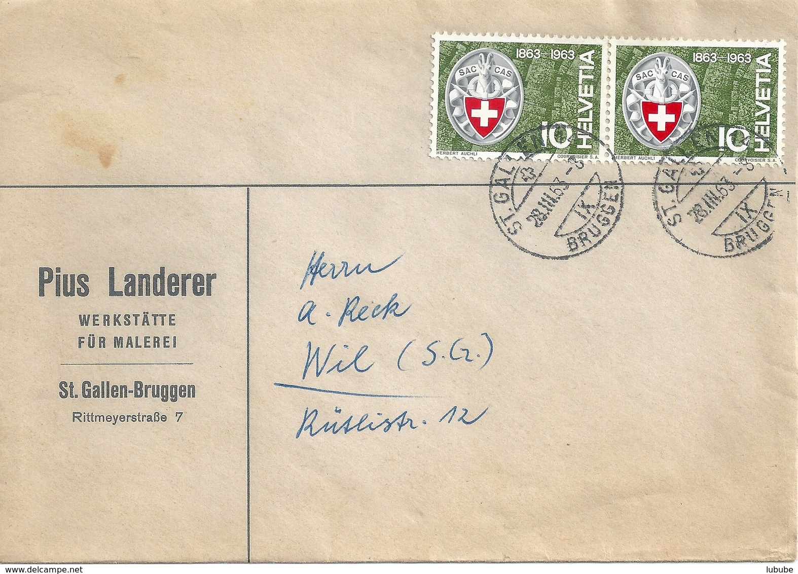 Motiv Brief  "Landerer, Werkstätte Für Malerei, St.Gallen Bruggen"              1963 - Storia Postale