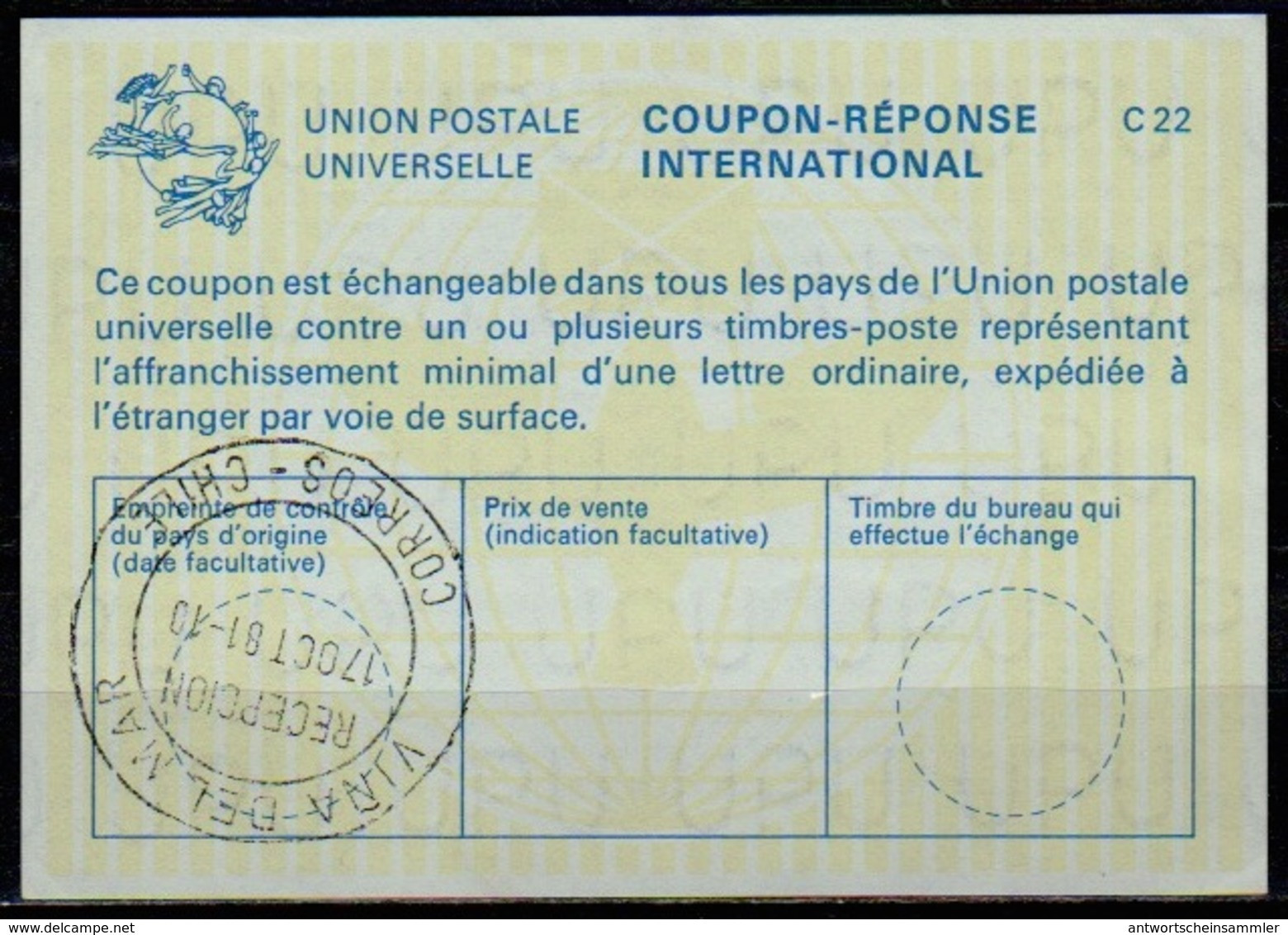 CHILE  Type La22 International Reply Coupon Reponse Vale Respuesta IAS IRC Antwortschein O VINA DEL MAR 17.10.82 - Chile