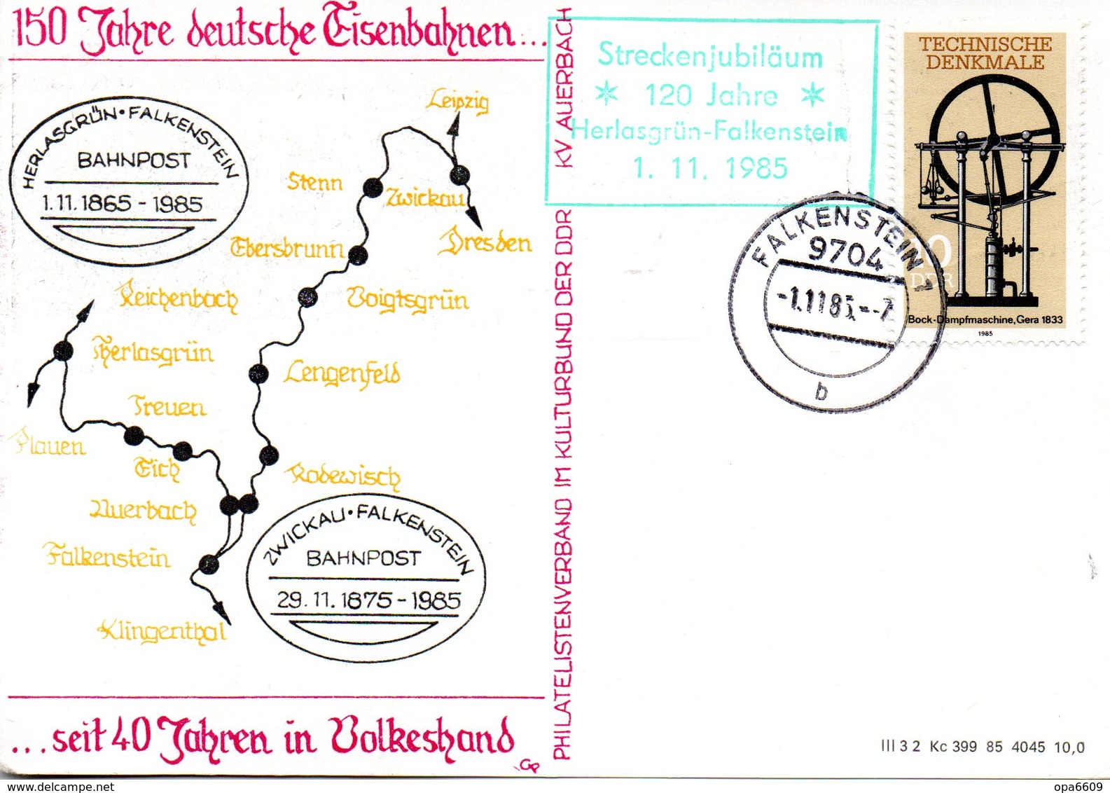 (DDR-B2) DDR Sonderkarte "150 Jahre DeutscheEisenbhnen", EF Mi 2957, TSt. 1.11.1985 FALKENSTEIN 1 - Lettres & Documents