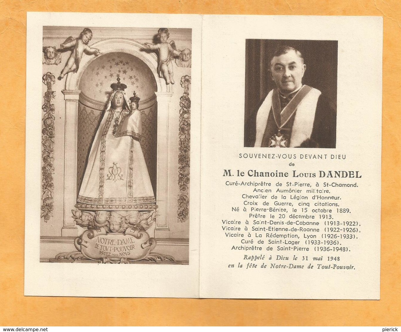 IMAGE GENEALOGIE FAIRE PART DECES CHANOINE LOUIS DANDEL PIERRE BENITE OCTOBRE 1889 SAINT LAGER  CHAMOND 1948 - Décès