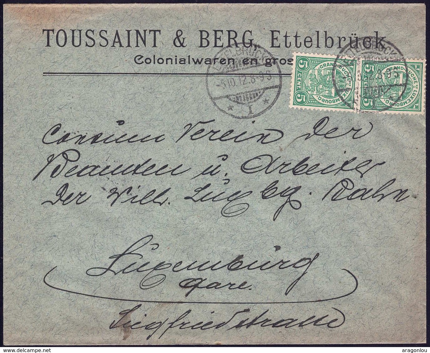 Lettre Commerciale: Toussaint & Berg, Colonialwaren En Gros, Ettelbruck 5.10.1912, Michel: 87  2Scans - 1907-24 Ecusson