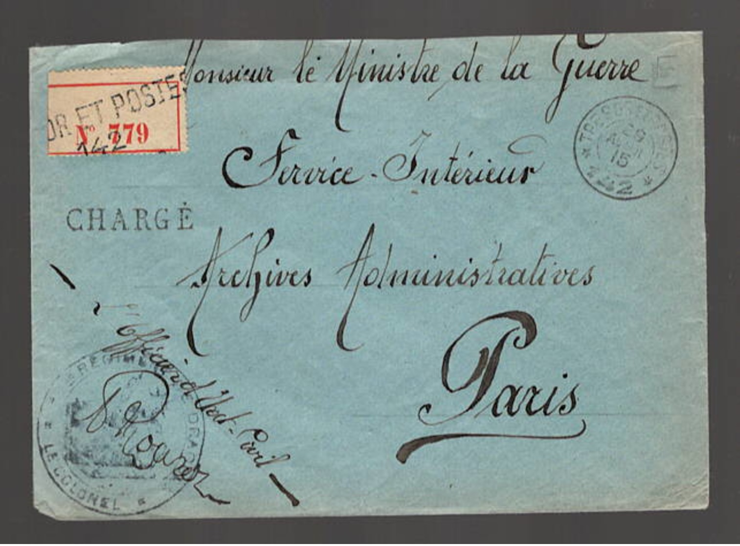 Tresor Et Poste 142   Chargé  Franchise Manus "officier état Civil"  à "archives Administratives" - Guerre De 1914-18