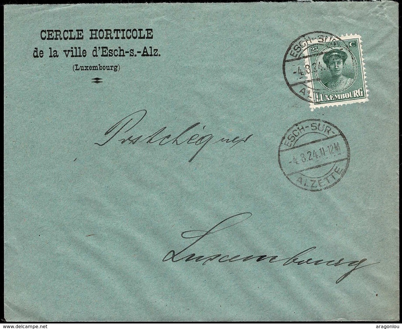 Lettre: Cercle Horticole De La Ville D'Esch-s.-Alz., 4.8.1924, Michel: 128 - Lettres & Documents