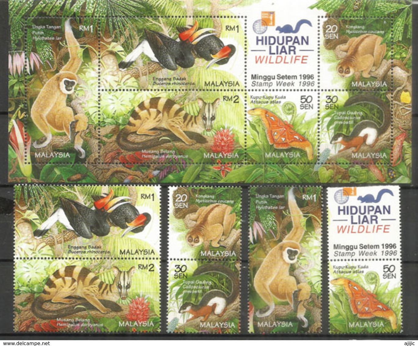 Faune De La Jungle Malaisienne (Nycticèbe,Atlas Plus Grand Papillon Du Monde,Gibbons,Calao Rhinocéros,etc) Série + BF ** - Malaysia (1964-...)