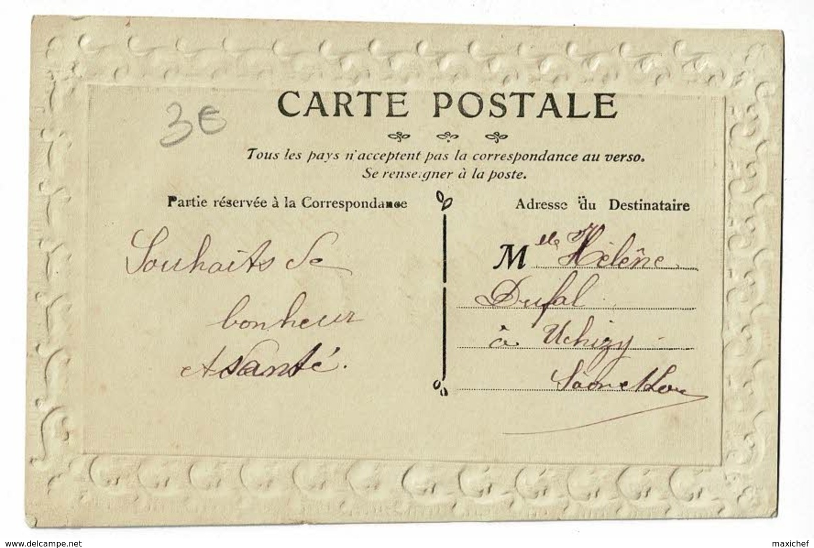 Carte Frise Gauffrée, Collage Chromo "Bouquet De Houx, Ruban Tissus" Bonne Année - Circulé 1913 - Thanksgiving