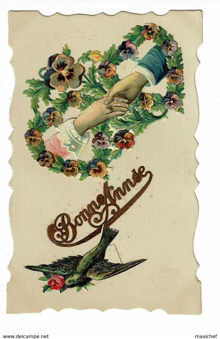 Carte Bonne Année, Collage Chromo Cur Charnière "deux Mains Unies Sur Un Tapis De Fleurs, Hirondelle - Circulé - Thanksgiving