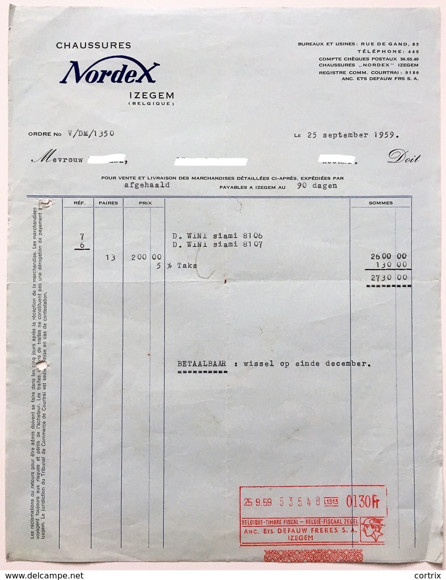 Izegem Schoenen Nordex - Factuur 1959 - Textile & Vestimentaire
