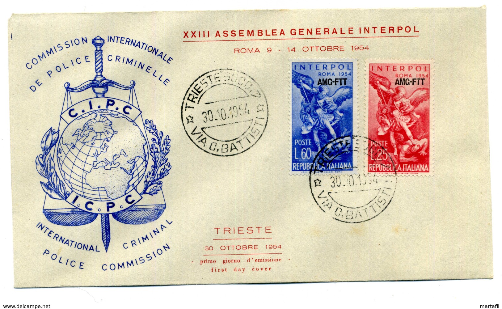 FDC AMG-FTT 1954 INTERPOL - Storia Postale