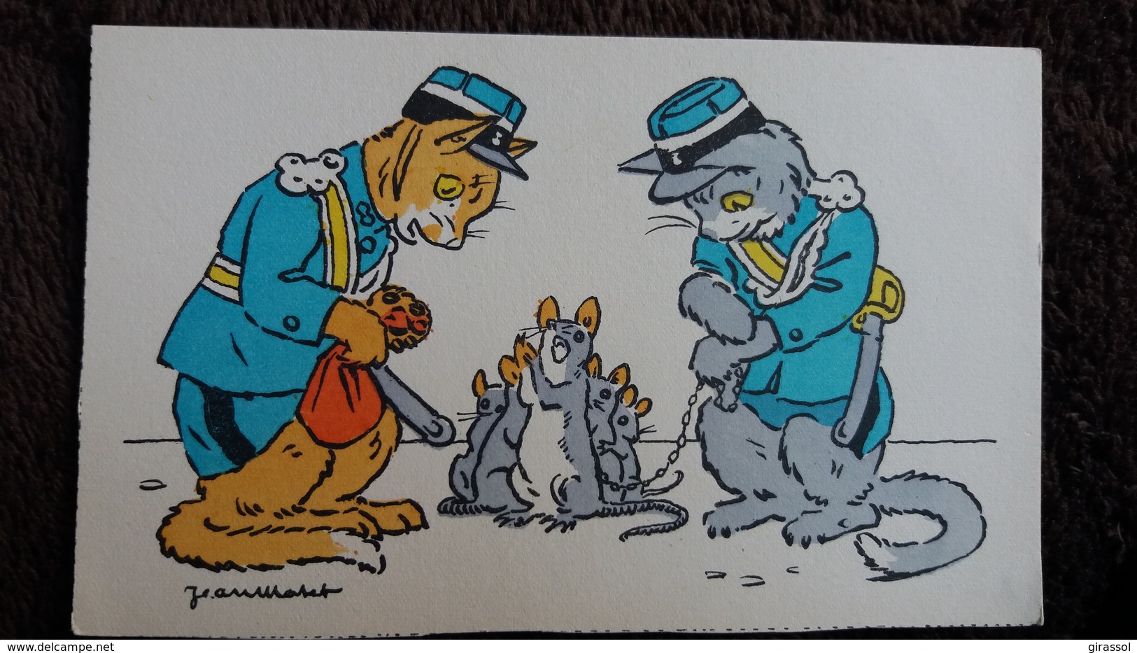 CPA CPSM ANIMAUX HABILLES CHAT GARDIEN DE PRISON RAT   DESSIN JEANMATET ? COLORISEE - Animaux Habillés