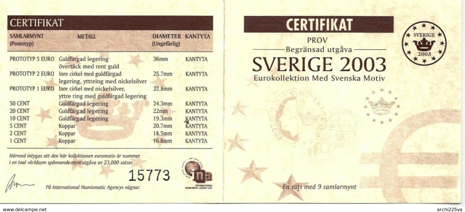 SVEZIA 2003 - Prototipo DIVISIONALE FDC - N.° 9 Pezzi In Euro Con 5 € - Serie Numerata In Cofanetto - (3 Foto) - Private Proofs / Unofficial