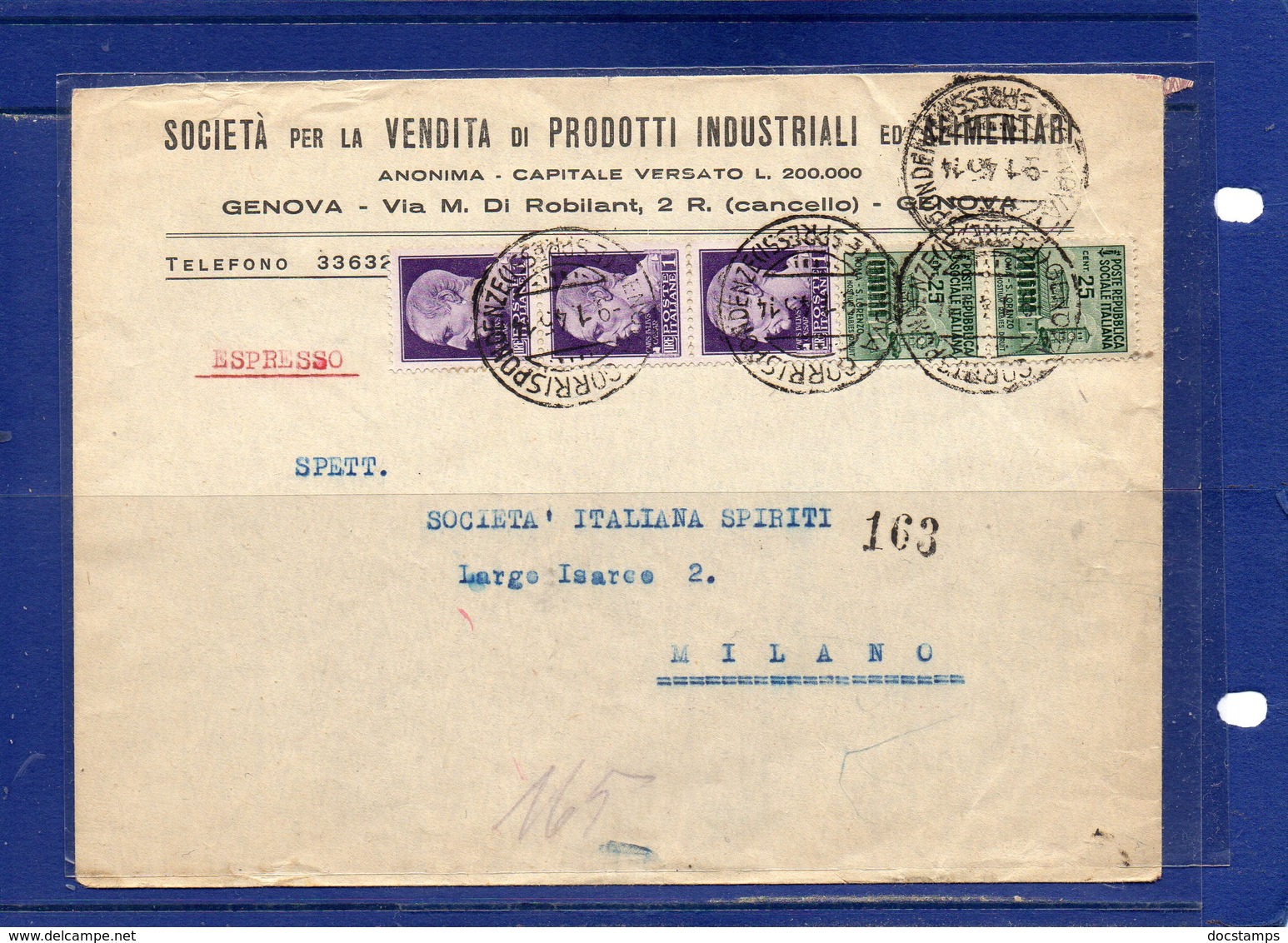 ##(DAN192)- 1945-Busta Espresso Da Genova Per Milano Tariffa L.3,50 Valori Imperiale Con Fasci E Monumenti Distrutti - Storia Postale