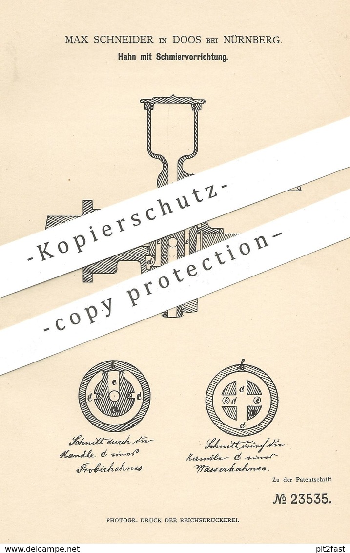 Original Patent - Max Schneider , Doos / Nürnberg , 1883 , Hahn Mit Schmiervorrichtung | Schmierbüchse | Öl , Schmieröl - Historische Dokumente