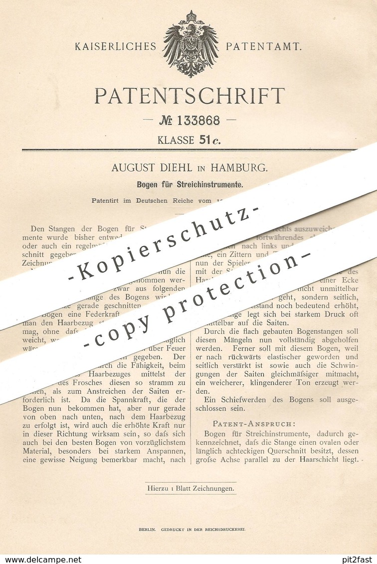 Original Patent - August Diehl , Hamburg , 1901 , Bogen Für Streichinstrumente | Musikinstrument | Geige , Violine !! - Historische Dokumente