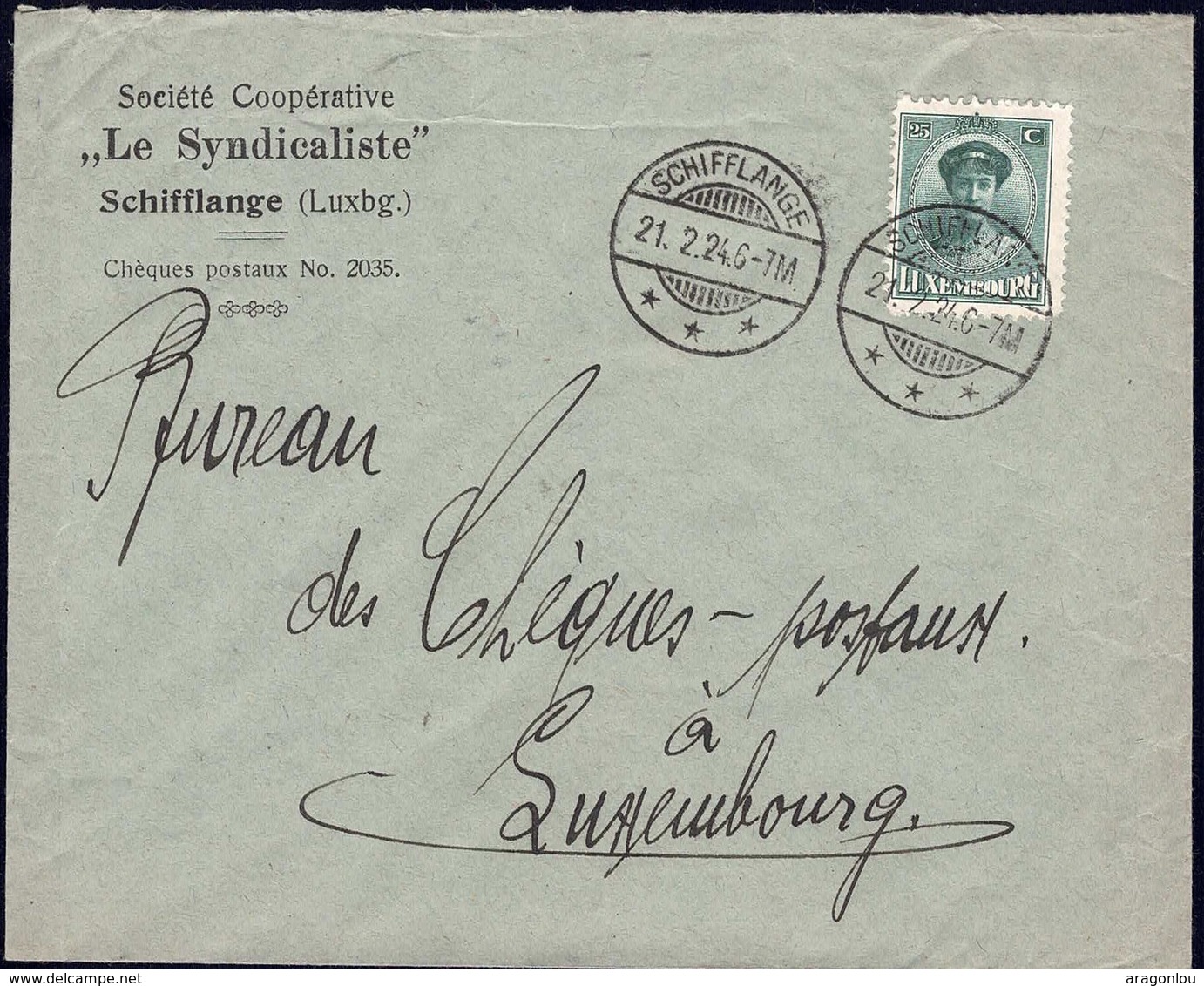 Lettre: Société Le Syndicaliste Schifflange, Cachet: Schifflange 21.2.1924, Michel: 128 - Lettres & Documents