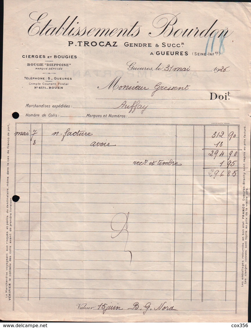 FACTURE Etablissements BOURDON à GUEURES  . Pour Mr GRESSENT  ÉPICIER à AUFFAY 1926 - Droguerie & Parfumerie