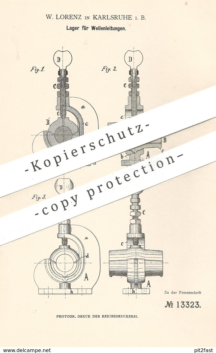 Original Patent - W. Lorenz , Karlsruhe / Bayern , 1880 , Lager Für Wellenleitungen | Maschinenwelle , Motor , Motoren - Historische Documenten