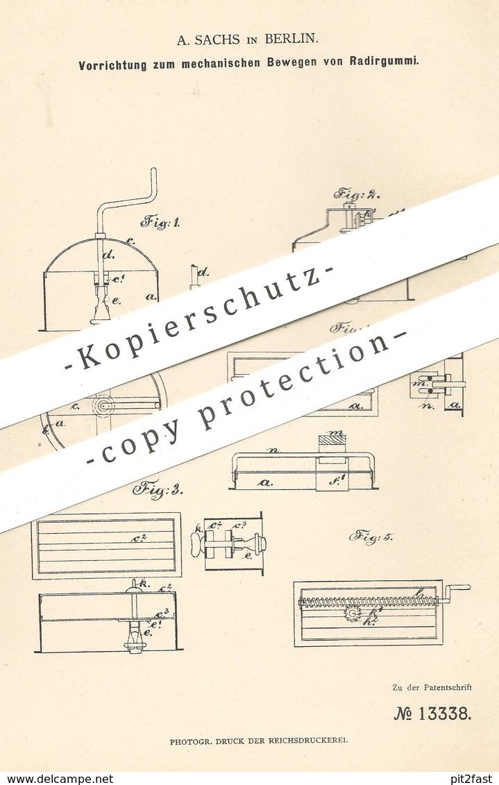 Original Patent - A. Sachs , Berlin , 1880 , Mechanisches Bewegen Von Radiergummi | Radierer , Radieren !!! - Historische Dokumente