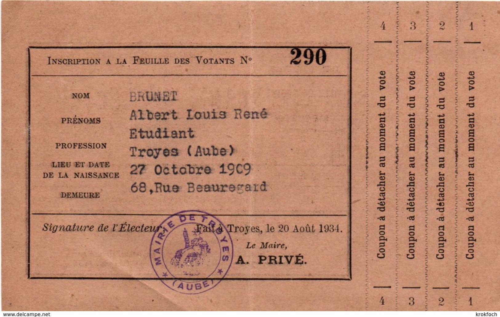 Carte D'électeur Troyes Aube 1934 - Scans Recto-verso - Autres & Non Classés