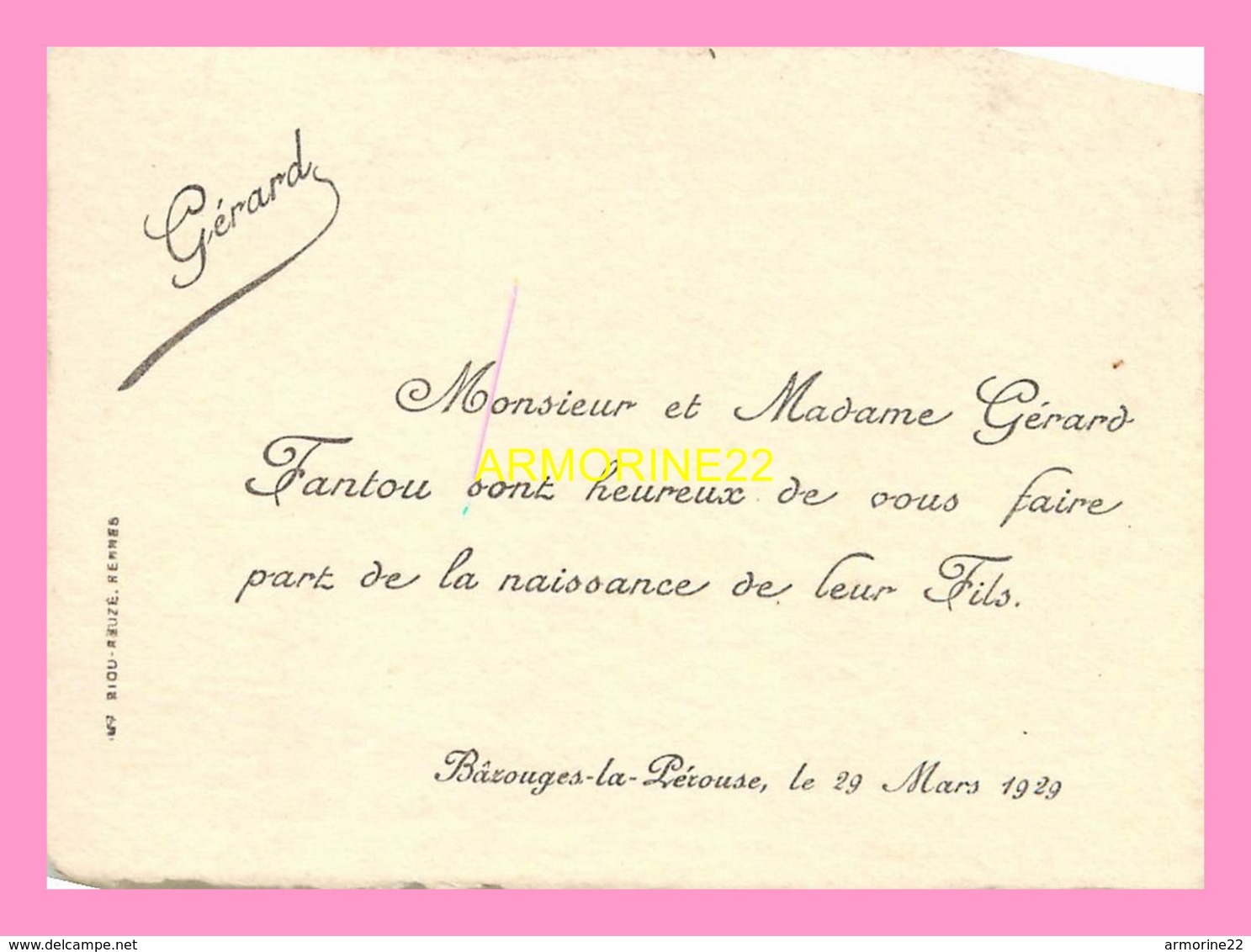 FAIRE PART DE NAISSANCE  Du Fils De Mr Et Mme  FANTOU  De  BAZOUGES LA PEROUSSE LE 29 Mars 1929 - Birth & Baptism