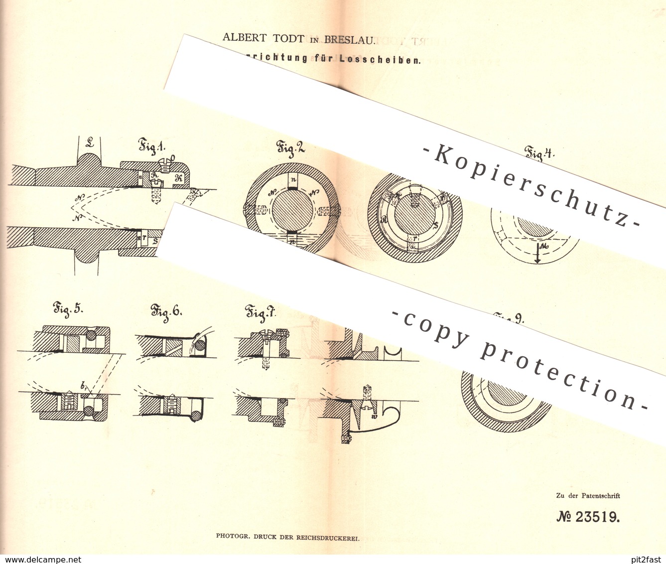 Original Patent - Albert Todt , Breslau , 1882 , Schmiervorrichtung Für Losscheiben | Losscheibe - Nabe | Welle !! - Historische Dokumente