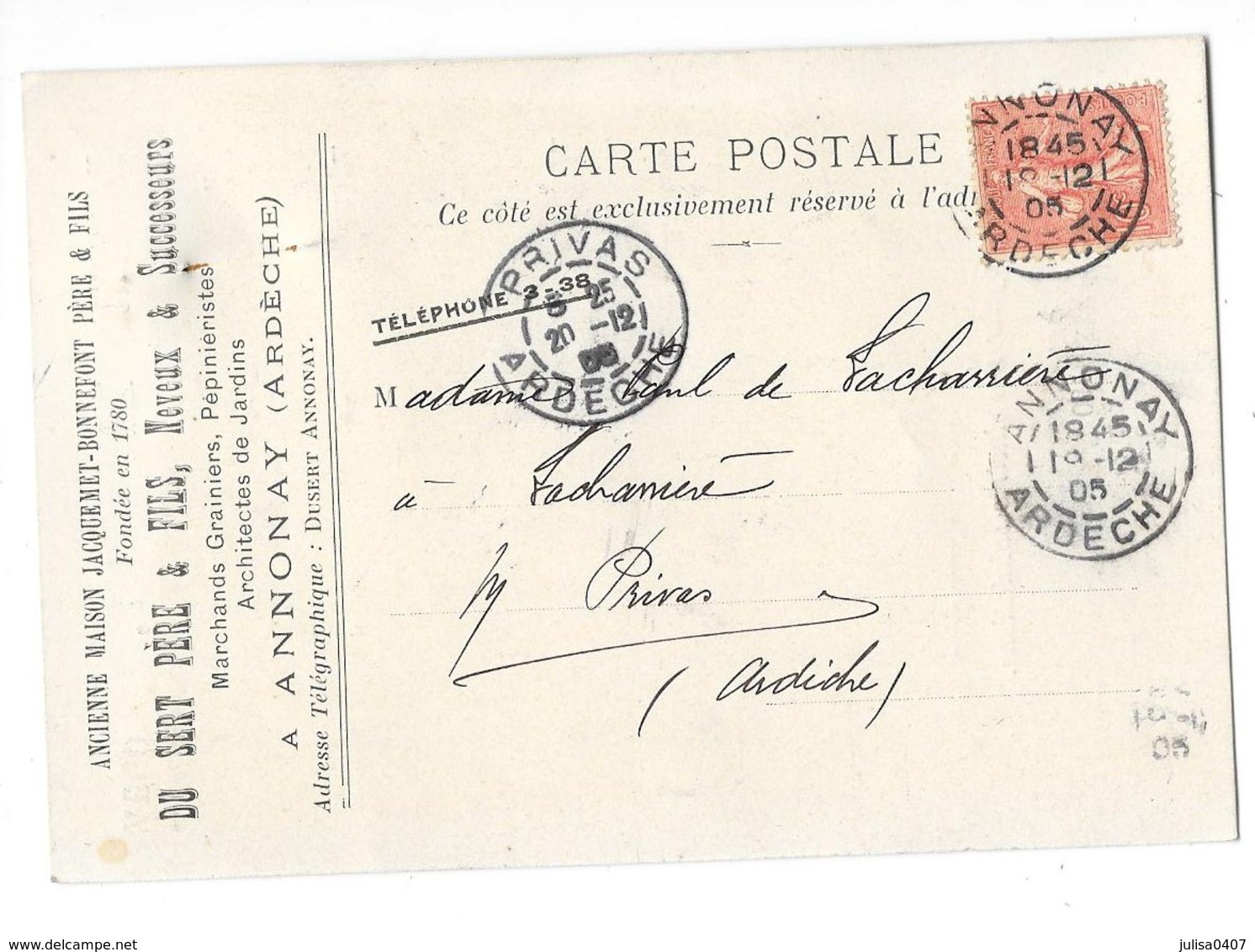 ANNONAY (07) Carte Commerciale Publicitaire DU SERT Père Et Fils 1905 - Annonay