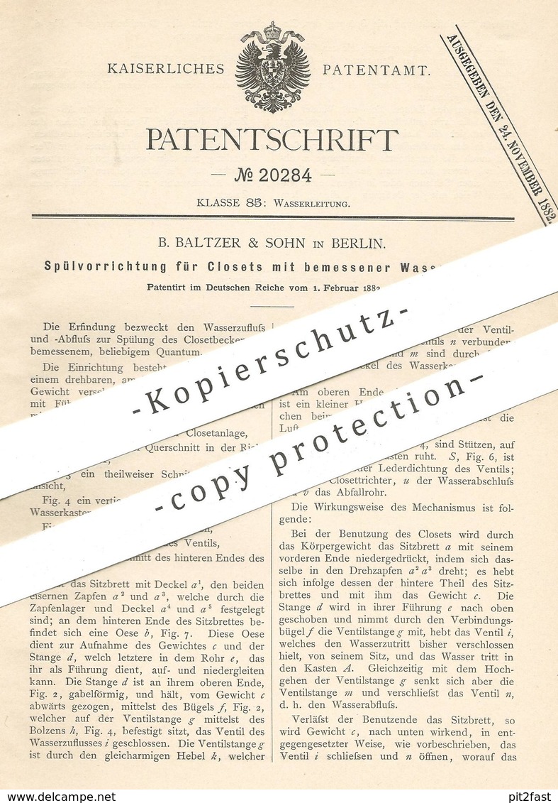 Original Patent - B. Baltzer & Sohn , Berlin , 1882 , Spülung Für Kloset , WC , Toilette | Klempner !!! - Historische Dokumente