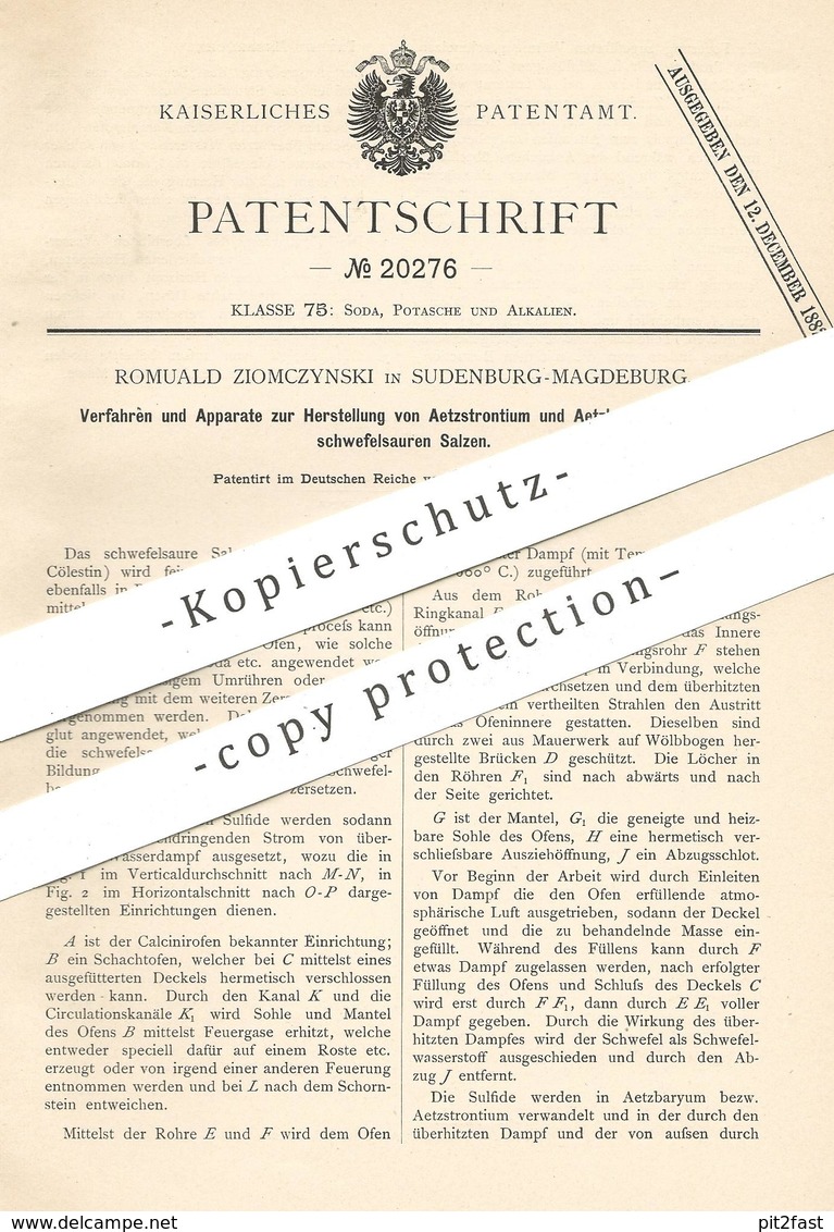 Original Patent - Romuald Ziomczynski , Magdeburg / Sudenburg , 1882 , Herst. Von Ätzstrontium Und Ätzbaryum | Chemie !! - Historische Dokumente