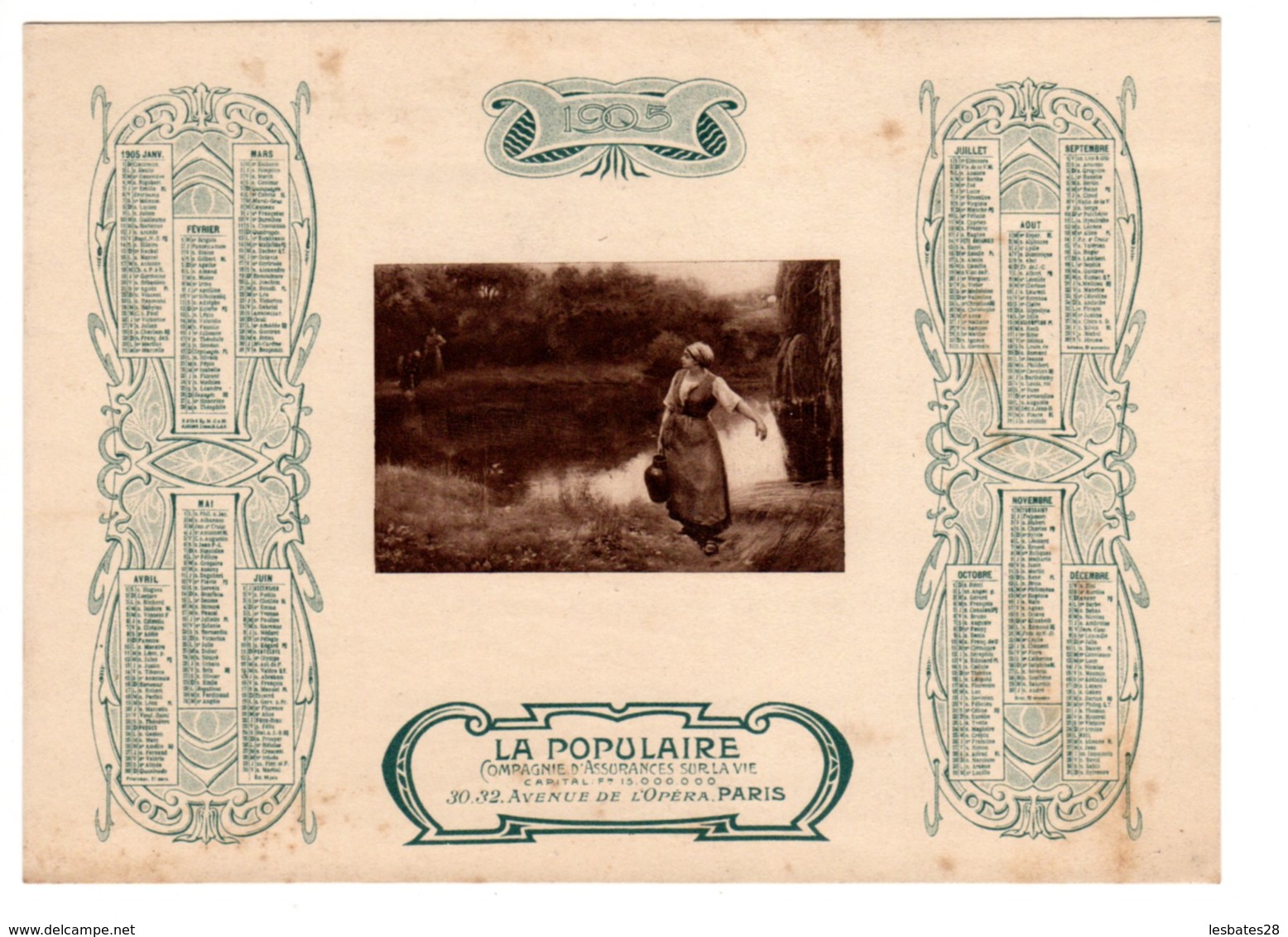 Almanach-CALENDRIER 1905 LA POPULAIRE Compagnie D'Assurance Sur La Vie Publicité Allegorie Porteuse D'Eau FEVR 2019 ABL4 - Formato Grande : 1901-20