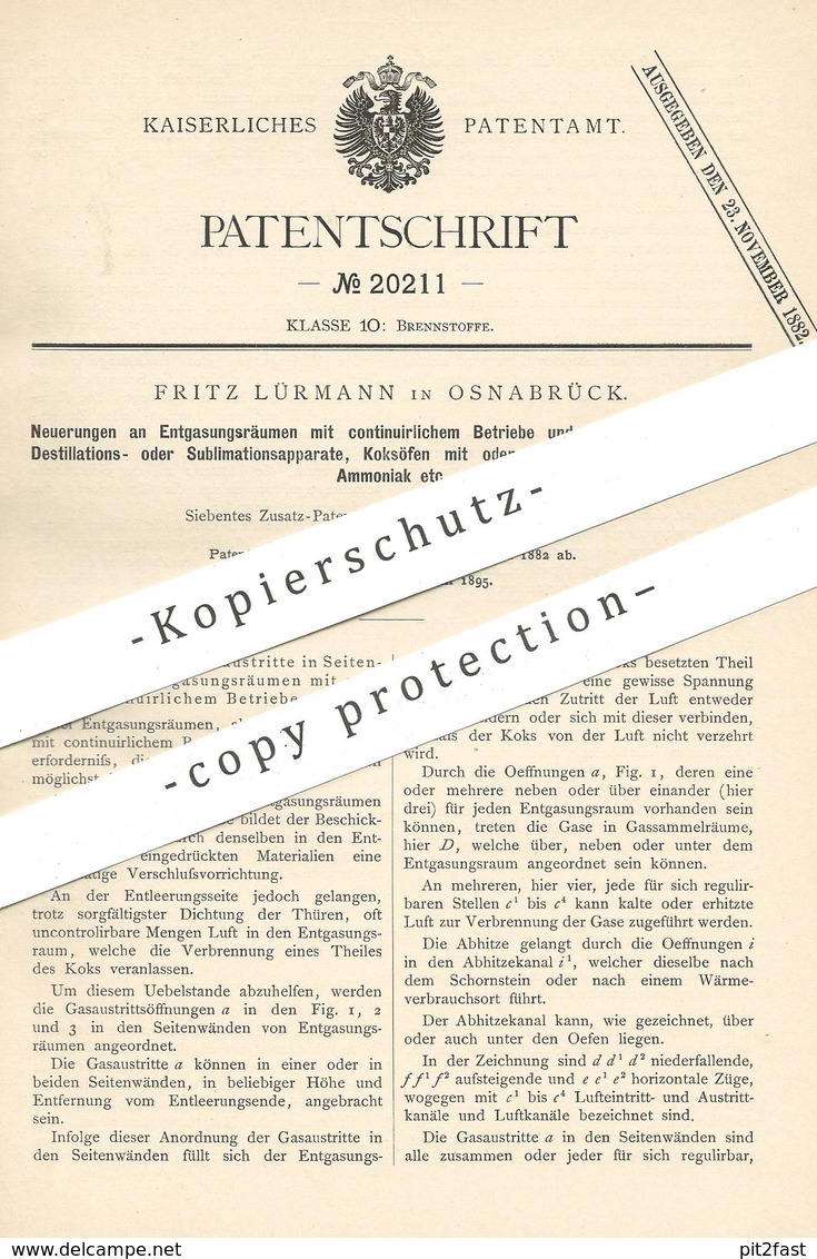 Original Patent - Fritz Lürmann , Osnabrück , 1882 , Entgasungsraum | Gas , Koksofen , Ofen , Teer , Desitllation !!! - Historische Dokumente