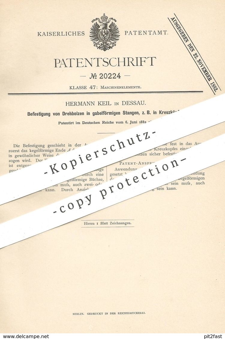 Original Patent - Hermann Keil , Dessau , 1882 , Befestigung Von Drehbolzen In Gabelförmigen Stangen | Bolzen , Metall ! - Historische Dokumente