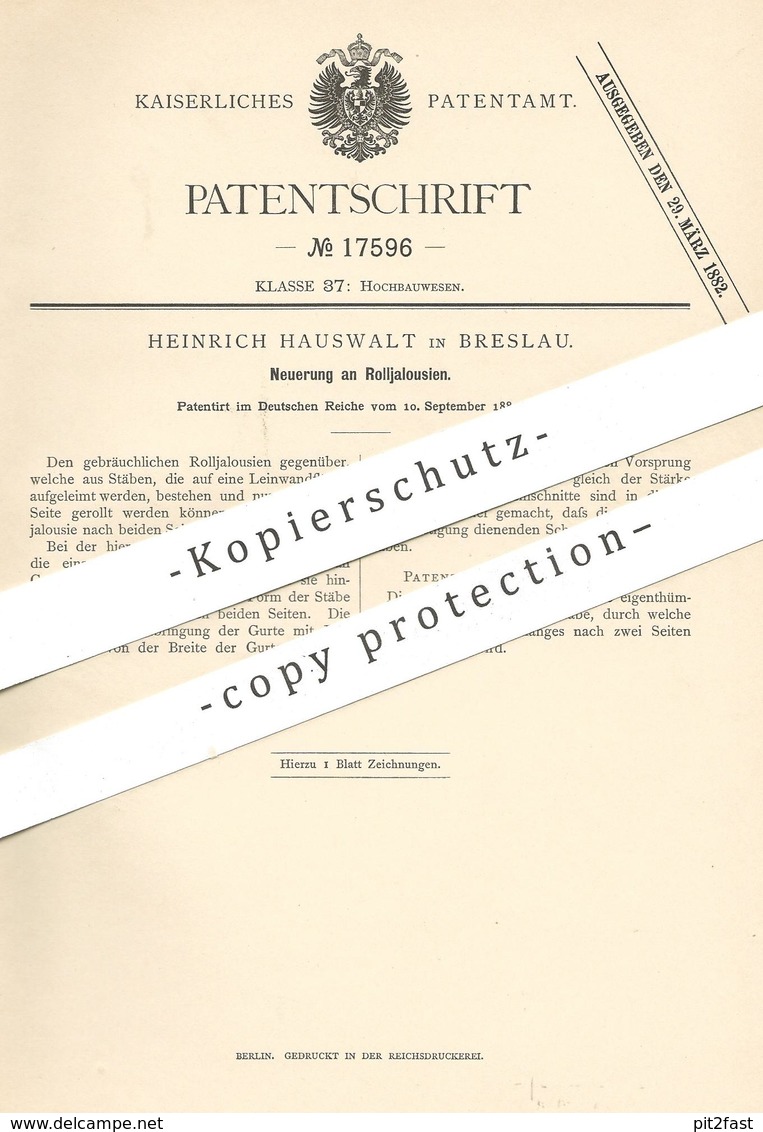 Original Patent - Heinrich Hauswalt , Breslau , 1881 , Rolljalousie | Rollo , Jalousie , Vorhang , Gardine , Jalousien - Historische Dokumente