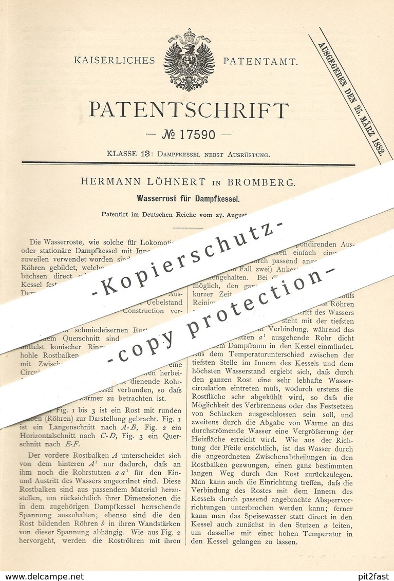 Original Patent - Hermann Löhnert , Bromberg , 1881 , Wasserrost Für Dampfkessel | Kessel , Lokomotive , Bahn , Zug !! - Historische Dokumente