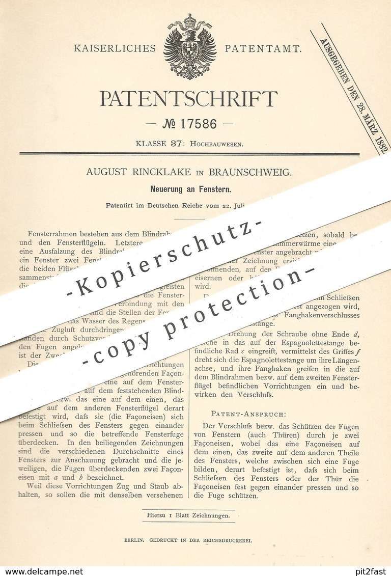 Original Patent - August Rincklake , Braunschweig , 1881 , Fenster | Fensterbauer , Tischler , Fensterflügel , Tür !!! - Historische Dokumente