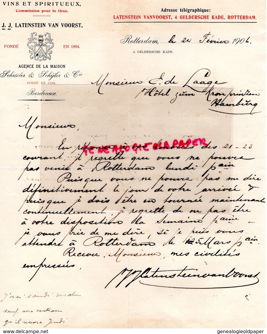 PAYS BAS- RARE LETTRE MANUSCRITE SIGNEE J.J. LATENSTEIN VAN VOORST- SCHRODER SCHYLER-VINS-4 GELDERSCHE KADE-1906 - Netherlands