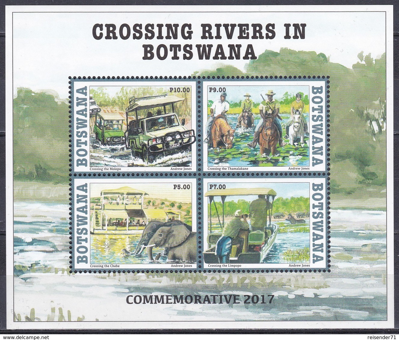 Botswana 2017 Transport Fähren Ferries Furten Fords Flüsse Rivers Chobe Limpopo Molopo Elefanten Flusspferde, Bl. 55 ** - Botswana (1966-...)