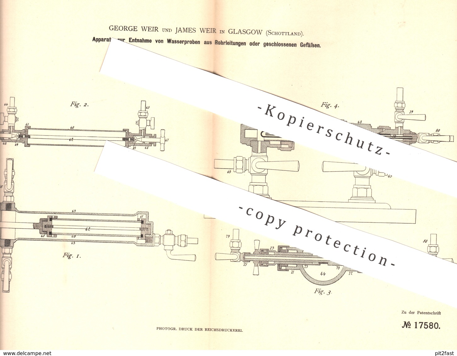 Original Patent - George Weir , James Weir , Glasgow , Schottland , 1881 , Entnahme Von Wasserproben Aus Rohrleitungen - Historische Dokumente