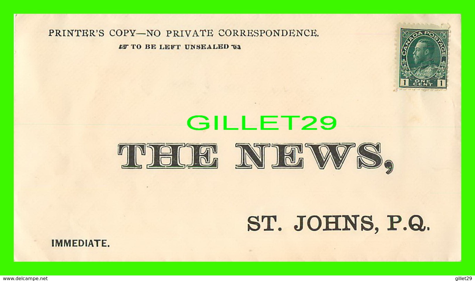 PUBLICITÉ, ADVERTISING - ENVELOPPE, THE NEWS, ST JOHNS, QUEBEC - STAMP UNUSED - - Publicité