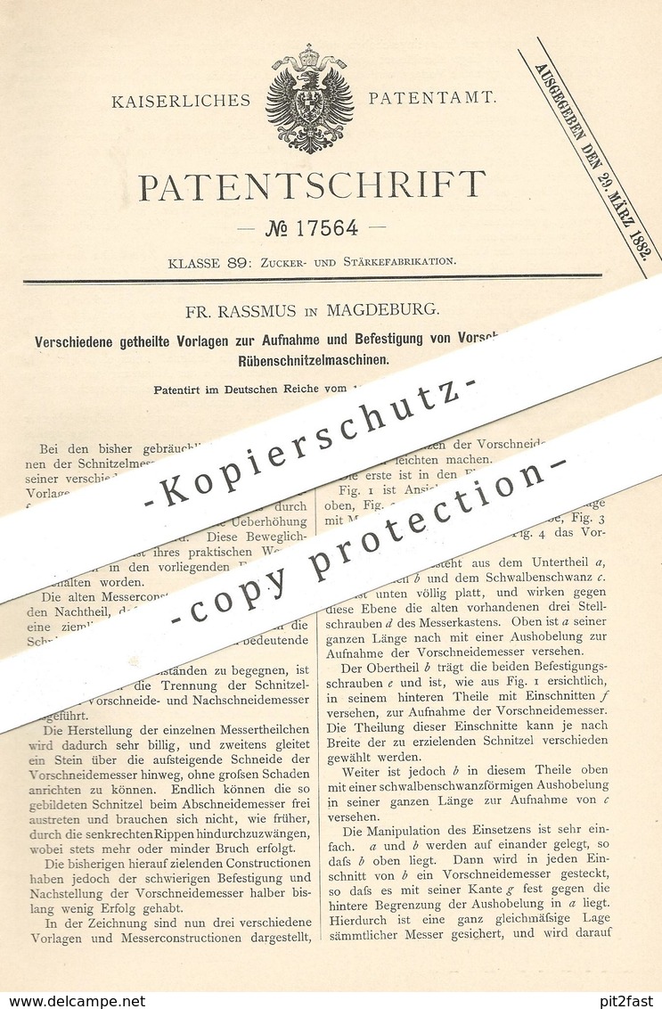 Original Patent - Fr. Rassmus , Magdeburg , 1881 , Vorschnittmesser Für Rübenschnitzelmaschinen | Rüben | Messer !!! - Historische Dokumente