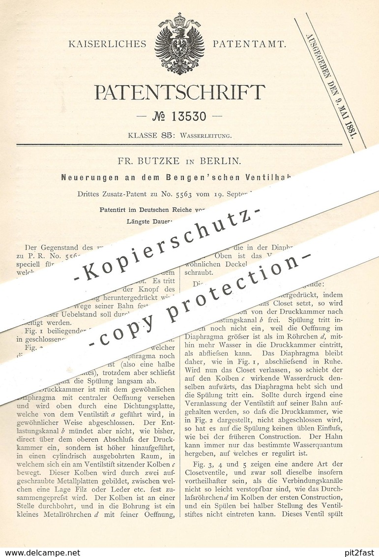 Original Patent - Fr. Butzke , Berlin , 1880 , Bengen'schen Ventilhahn | Wasserhahn | WC , Spülung , Toilette | Ventil - Historische Dokumente