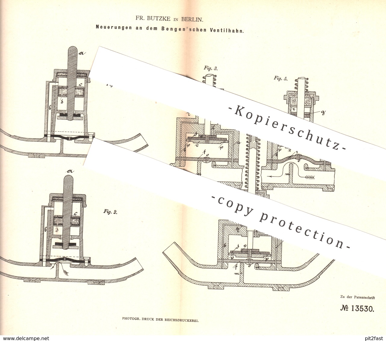 Original Patent - Fr. Butzke , Berlin , 1880 , Bengen'schen Ventilhahn | Wasserhahn | WC , Spülung , Toilette | Ventil - Historische Dokumente