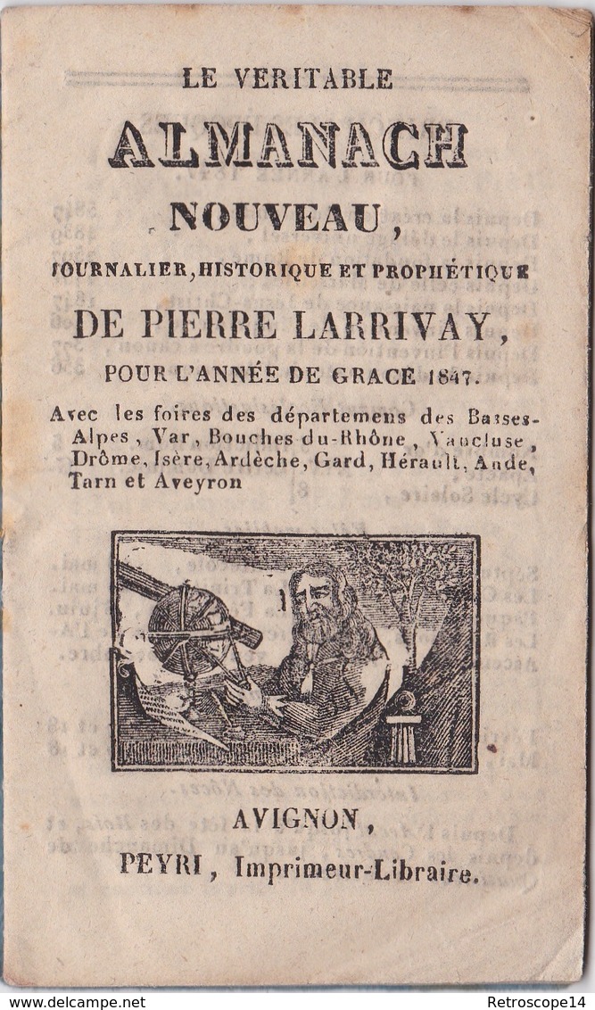 ALMANACH JOURNALIER ET PROPHÉTIQUE DE PIERRE LARRIVAY, 1847, AVIGNON, PEYRI. - 1801-1900