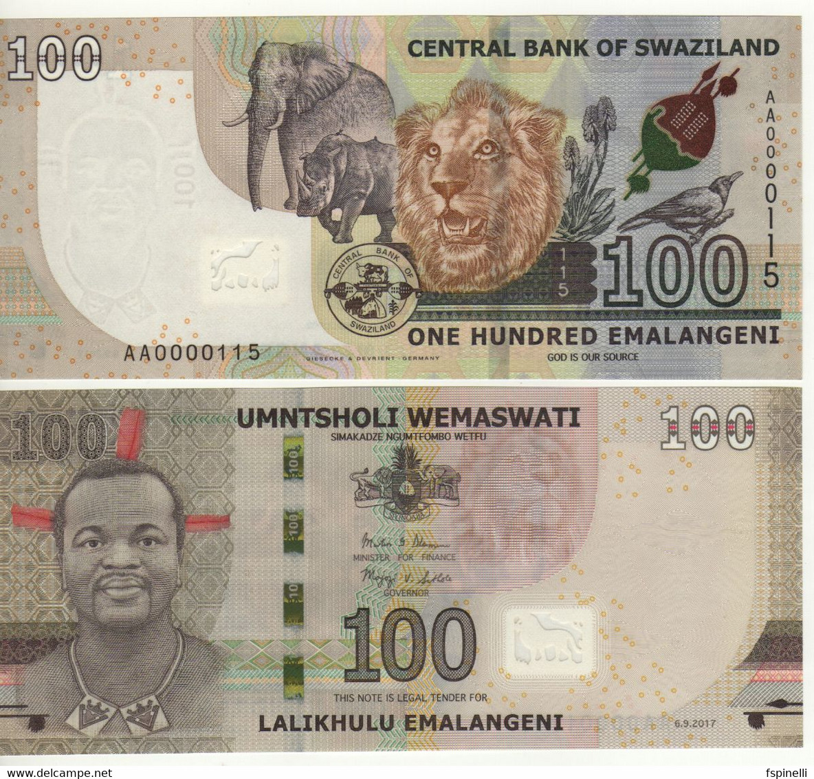 SWAZILAND New 100  Emalangeni   6.9.2017  LOW SERIAL Nr.  AA0000115  Pnew  UNC - Swaziland