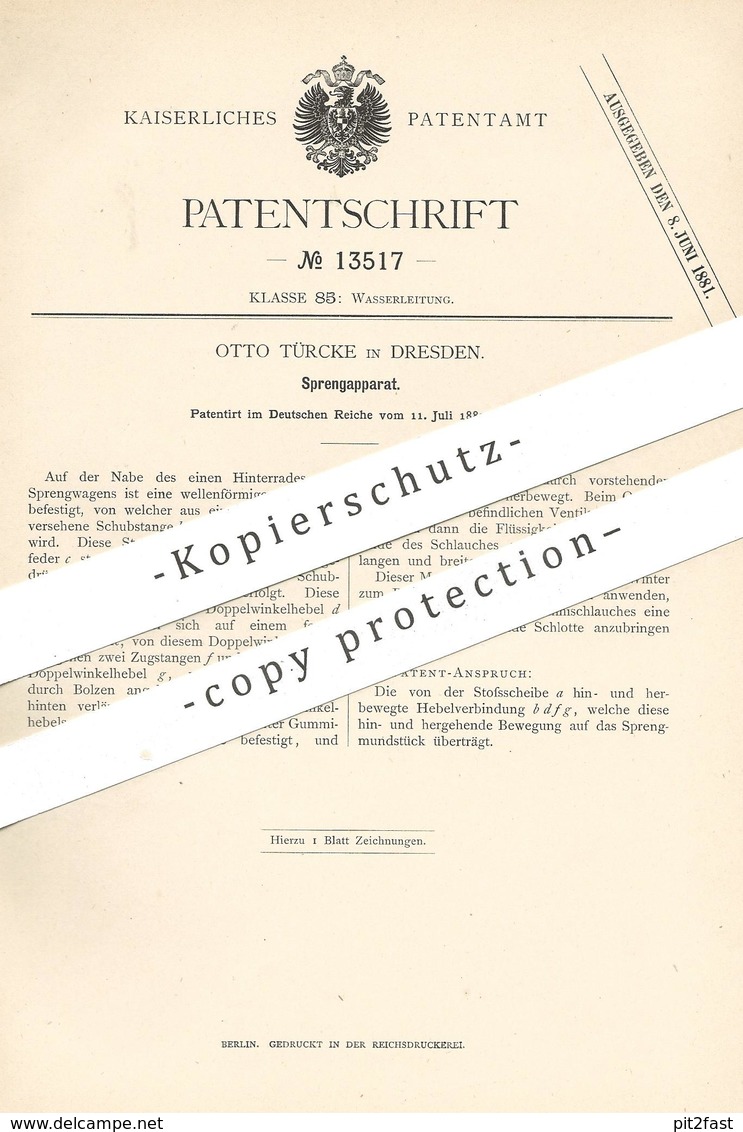 Original Patent - Otto Türcke , Dresden 1880 , Sprengapparat | Sprengwagen | Wasser Sprengen | Streuwagen , Winterdienst - Historische Dokumente