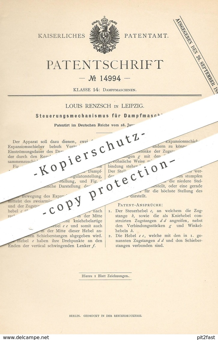 Original Patent - Louis Renzsch , Leipzig , 1881 , Steuerung Für Dampfmaschinen | Dampfmaschine | Motor , Motoren !! - Documenti Storici