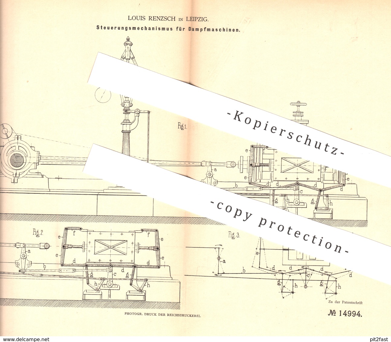 Original Patent - Louis Renzsch , Leipzig , 1881 , Steuerung Für Dampfmaschinen | Dampfmaschine | Motor , Motoren !! - Historische Dokumente