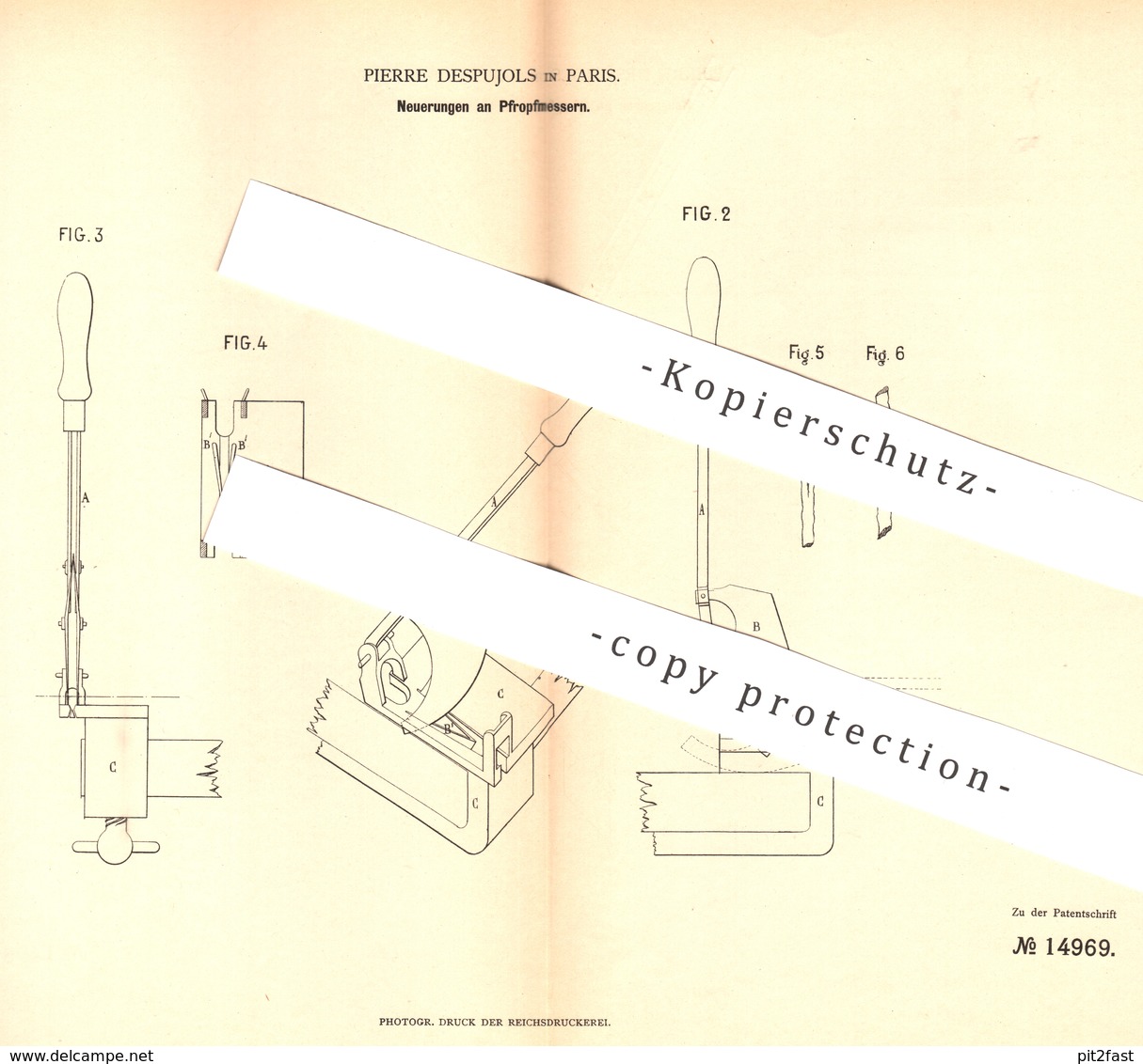 Original Patent - Pierre Despujols , Paris , Frankreich , 1881 , Pfropfmesser | Messer Für Weinstock | Wein | Pfropfen ! - Historische Dokumente