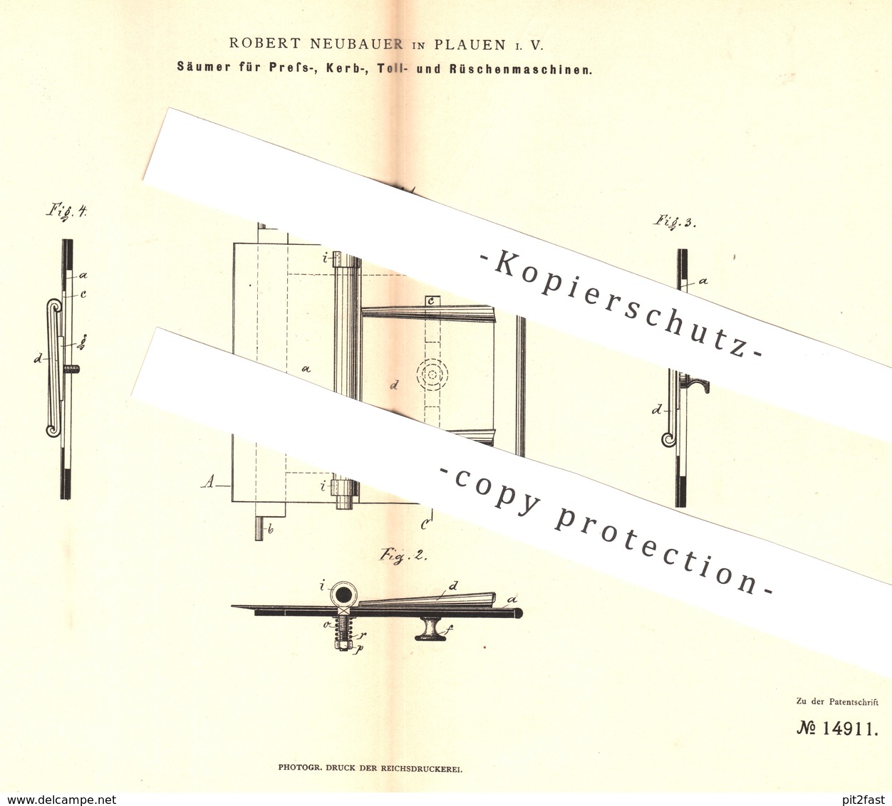 Original Patent - Robert Neubauer , Plauen , 1881 , Säumer Für Press-, Kerb-, Toll- U. Rüschenmaschine | Nähmaschine - Historische Dokumente