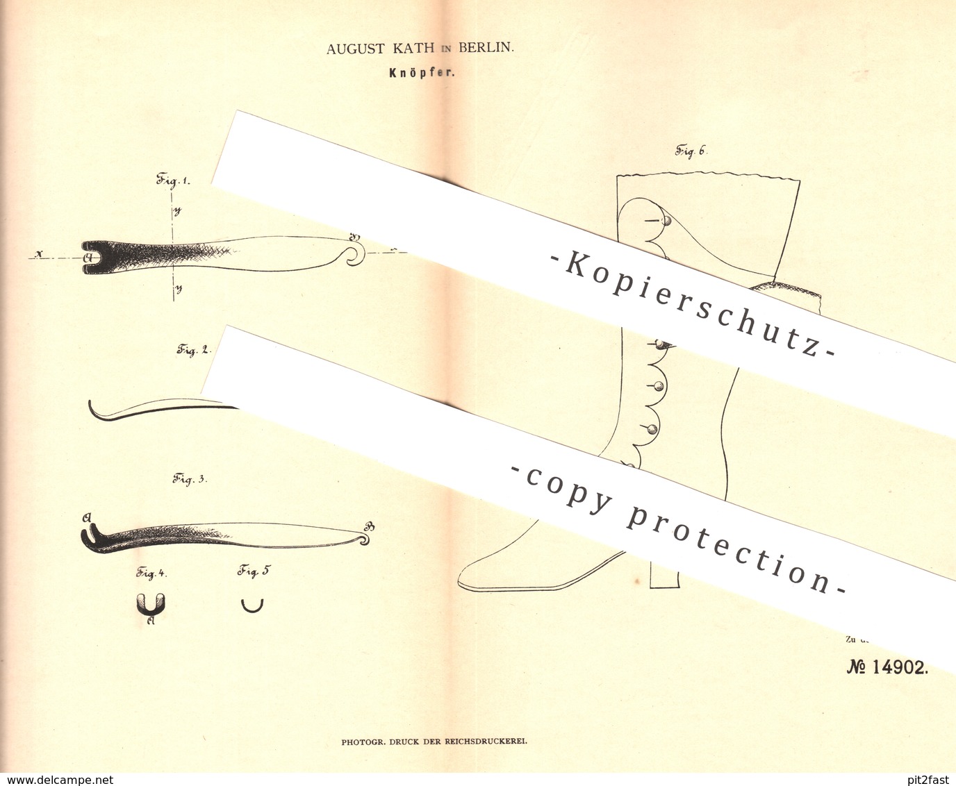 Original Patent - August Kath , Berlin , 1880 , Knöpfer | Knopf , Knöpfe | Schuhwerk , Schuhe , Stiefel , Schuster !!! - Historische Dokumente