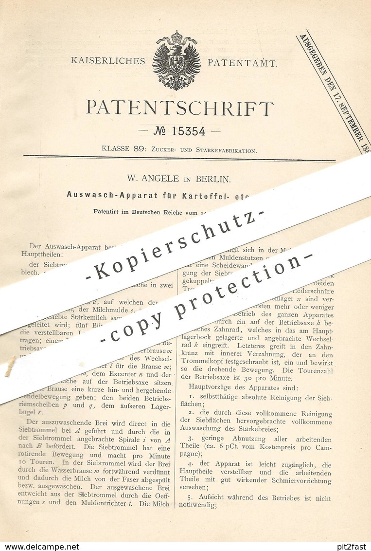 Original Patent - W. Angele , Berlin , 1880 , Auswasch-Apparat Für Kartoffelstärke | Kartoffeln , Zucker , Stärke !! - Historische Dokumente